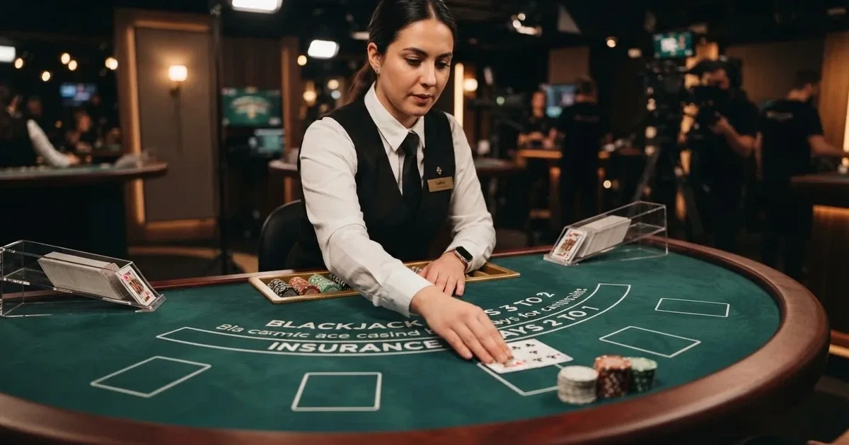 Élő osztó ívelt blackjackasztalnál osztja a lapokat, a lapok lefelé fekszenek, a háttérben stúdió mélységélességgel.